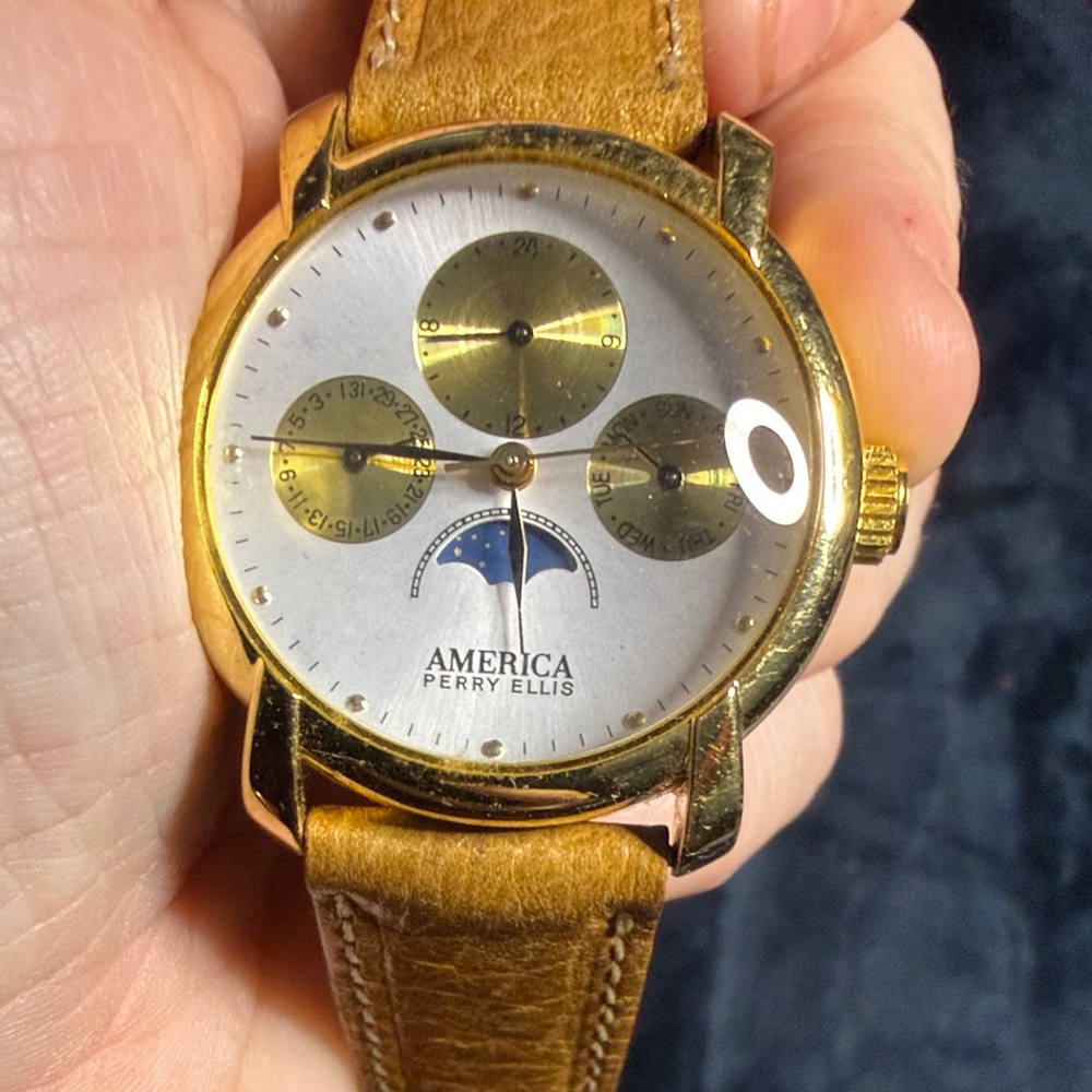 Perry Ellis Gold Watch with Tan Leather Strap